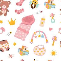 Seamless baby pattern for girls with essentials and toys. Print for infants in a playful style. Ideal for wrapping paper, textiles, nursery decor, and baby shower designs. vector