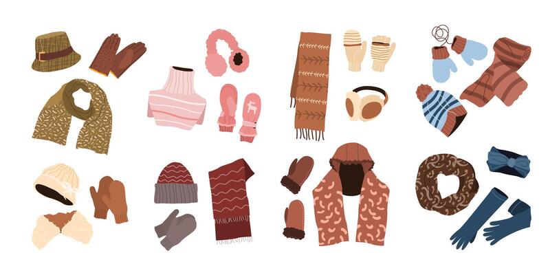 Set of winter scarves, hats, and gloves. Woolen, knitted, and cotton accessories for men, women, and children. Various cozy garments. Isolated flat illustrations on white.