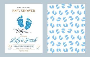 Invitation card set for a baby shower, birthday, or gender reveal party. It's a Boy. Isolated vertical postcard templates with footprints, glitter, text and pattern. vector