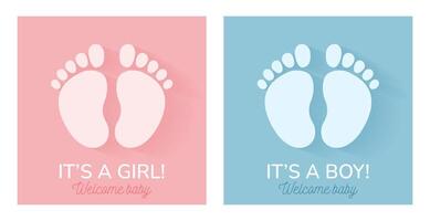 Simple invitation card set for a baby shower, birthday, or gender reveal party. It's a Girl. It's a Boy. Isolated square postcard templates with footprints and text. Cute illustrations. vector