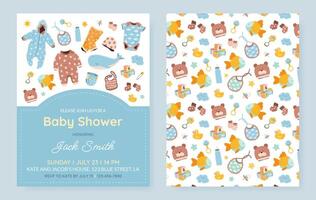 Set of vertical invitation cards for a baby shower, birthday, or gender reveal party. It's a Boy. Isolated postcard templates with baby essentials, text and pattern. vector