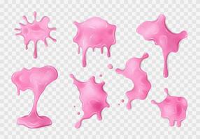 Liquid pink slime blots set. Realistic slimy stains with drops. Different shapes of sticky dripping toxic mucus. Isolated abstract textures. Alien splashes, jelly, gelatin. vector