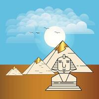 Giza ancient Egyptian pyramids, camels, sunset birds in clouds with blue background, illustration art vector