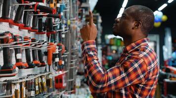 African American Man Browsing Drills in Power Tool Store video