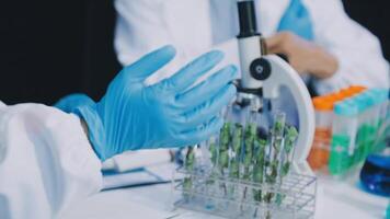 A person in a lab coat is holding a microscope video