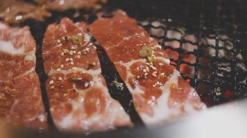 A close up of meat being cooked on a grill video