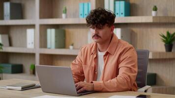 Problem in office Caucasian man tired upset guy male businessman business employer manager stressed sad worker headache anxious crisis laptop computer work online error trouble email bankrupt failure video