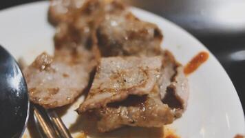 A plate with meat and a fork on it video