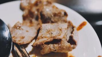 A plate with meat and a fork on it video