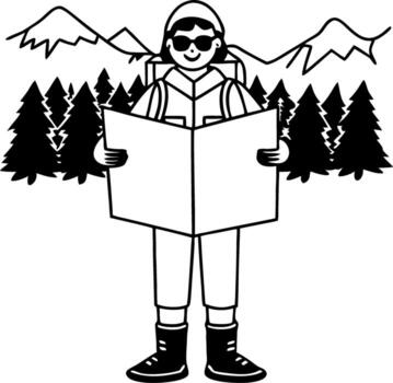 Adventurous Hiker Reading Map in Mountain Forest Scenery Illustration vector