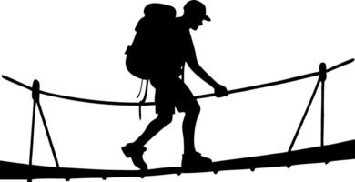 Adventurous Hiker Silhouette Crossing Suspension Bridge in Art Design vector