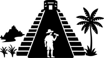 Ancient Mayan Pyramid Silhouette with Explorer and Tropical Scene Art vector