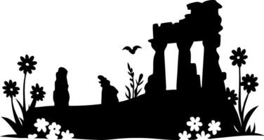 Ancient Ruins Silhouette with Flowers and Bird for Art and Illustration vector