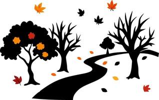 Autumn Trees Silhouette with Falling Leaves and Winding Path Art for Seasonal Design vector