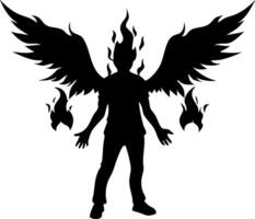 Black Silhouette of Flaming Winged Figure Symbolizing Power and Mystery Perfect for Tattoos vector
