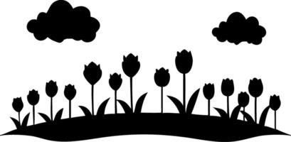 Black Silhouette Tulip Field with Clouds Illustration for Prints and Designs vector