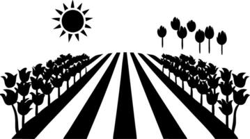 Black Silhouette Tulip Field with Sun Design for Coloring Pages and Art Projects vector
