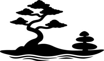 Bonsai Tree Silhouette on Tranquil Island with Waves for Zen Art and Meditation Designs vector