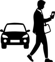 Businessman Walking While Using Smartphone Near Car Silhouette vector