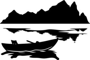 Canoe on Tranquil Lake with Mountain Silhouette Illustration for Art and Design vector