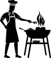 Chef Silhouette Cooking on Grill for Barbecue Design and Culinary Themed Art vector