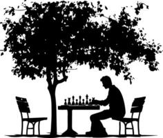 Chess Player Silhouette Under Tree in Park Relaxing Outdoor Strategy Game vector