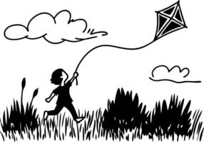 Child Flying Kite in Grass Field Minimalist Art for Prints and Wall Decor vector