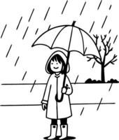Child in Raincoat Holding Umbrella in Rain with Bare Tree Illustration vector