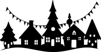 Christmas Village Silhouette with Festive Trees and Bunting vector