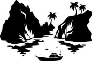 Coastal Paradise with Palm Trees and Secluded Boat Art vector