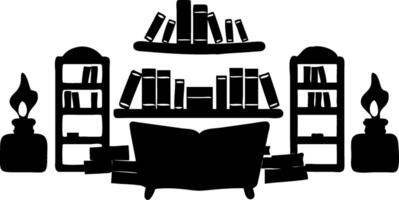 Cozy Library Silhouette with Bookshelves and Candles for Decoration and Design vector