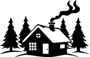 Cozy Cabin Surrounded by Pine Trees with Chimney Smoke Art vector