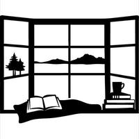 Cozy Reading Nook with Mountain View and Open Book for Relaxation vector