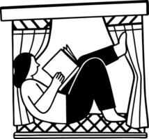 Cozy Indoor Reading Nook Illustration Woman Relaxing with Book in Window Seat vector