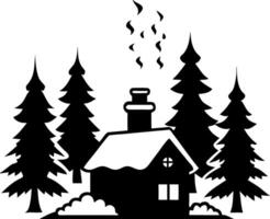 Cozy Winter Cabin in Pine Forest with Smoking Chimney Art vector