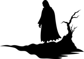Dark Mysterious Cloaked Figure Silhouette with Twisted Tree Design vector