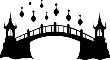 Decorative Silhouette of Bridge with Ornate Towers and Floating Shapes vector