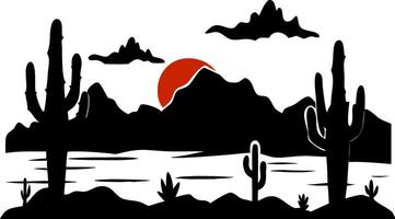Desert Landscape Silhouette with Cacti and Mountains at Sunset Art vector