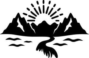 Dramatic Mountain Sunburst with River Flow Art for Adventure Graphics vector