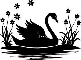 Elegant Swan Silhouette with Flowers in Tranquil Pond Art for Decor and Design vector