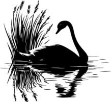 Elegant Swan Silhouette with Reeds Reflecting in Tranquil Water Illustration vector