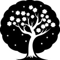 Elegant Silhouette Tree with Floral Canopy and Stars for Nature Decor and Art Projects vector