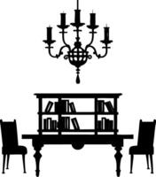 Elegant Vintage Dining Room with Chandelier and Bookshelf Silhouette Design vector