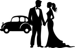 Elegant Wedding Couple Silhouette with Vintage Car Perfect for Invitations and Decor vector