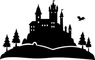 Enchanted Castle Silhouette With Forest Trees and Bird for Fairy Tale Designs vector