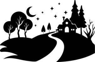 Enchanting Night Landscape Silhouette with House Trees and Crescent Moon Scene vector