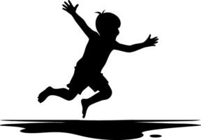 Energetic Child Silhouette Jumping Over Puddle for Playful Designs vector