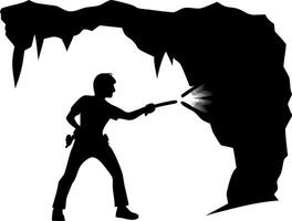 Exploration Silhouette Adventurer in Cave with Torch Illustration vector