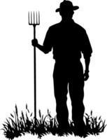 Farmer Silhouette with Pitchfork in Field for Rural Design and Agriculture Art vector