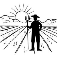 Farmer Silhouette with Pitchfork at Sunrise in Expansive Field vector
